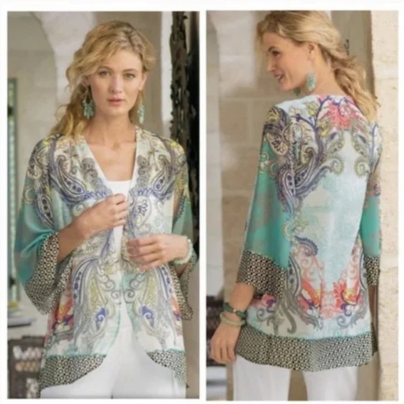 Soft Surroundings Muse sheer open front 3/4 sleeve kimono - Picture 1 of 10